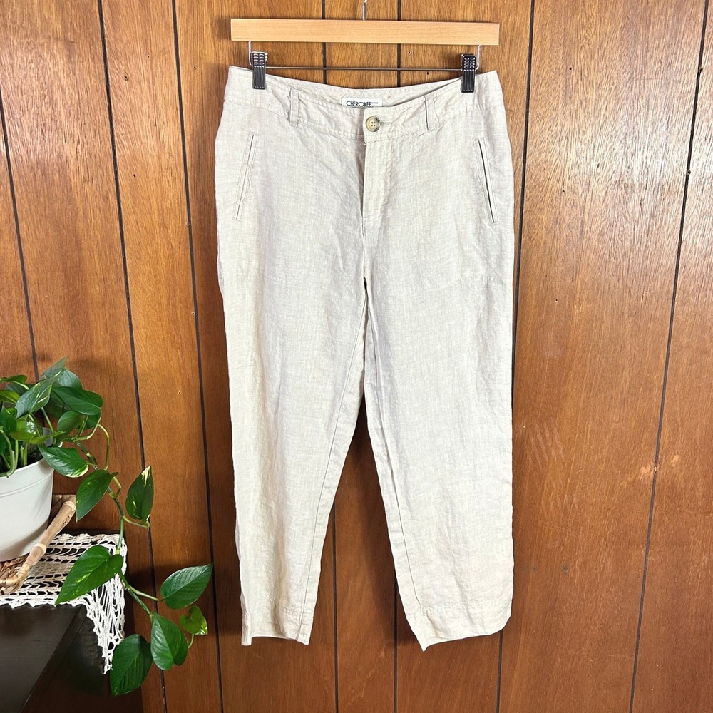 Vintage‎ Cherokee Brand 100% Linen Pants Beige Straight Leg Trousers Summer